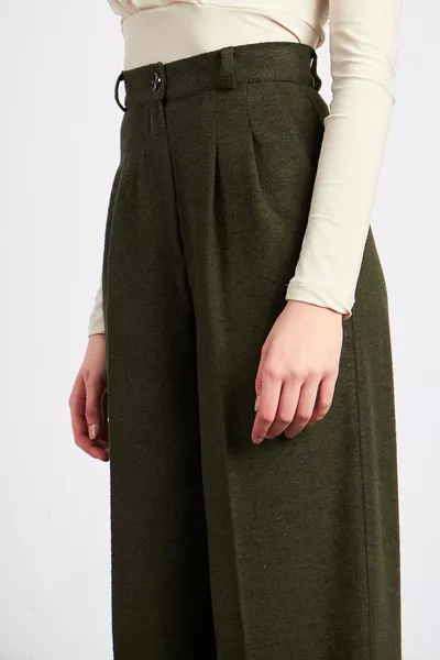 Haki Kaşe Kumaş Pileli Palazzo Pantolon