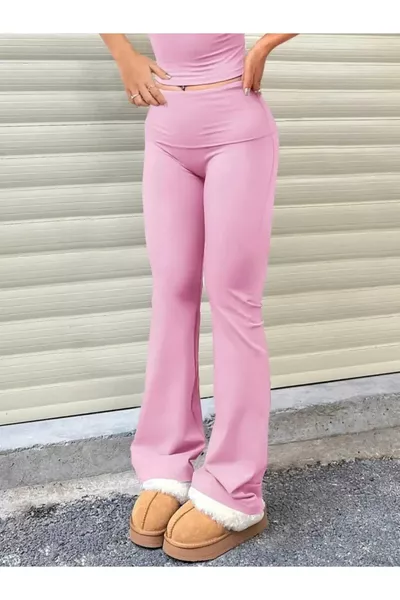 Pembe Renk Beli Katlanır Lastikli Flare İspanypl Paça Panlalon, Bel Katlamalı Tayt