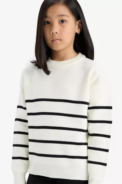 Girls' Striped Crew Neck Knit Sweater AU