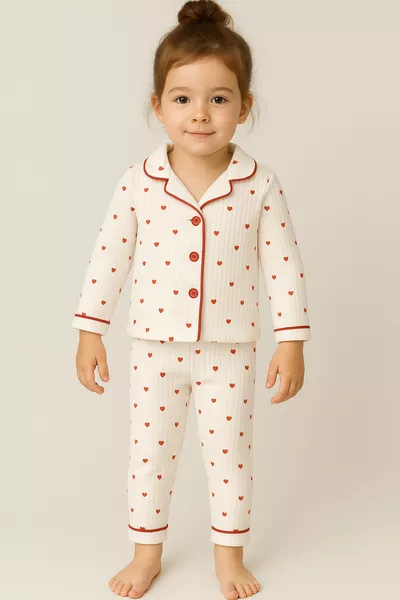 طقم بيجامة لطفلة صغيرة قلبين - قطعتان - أحمر وأبيض