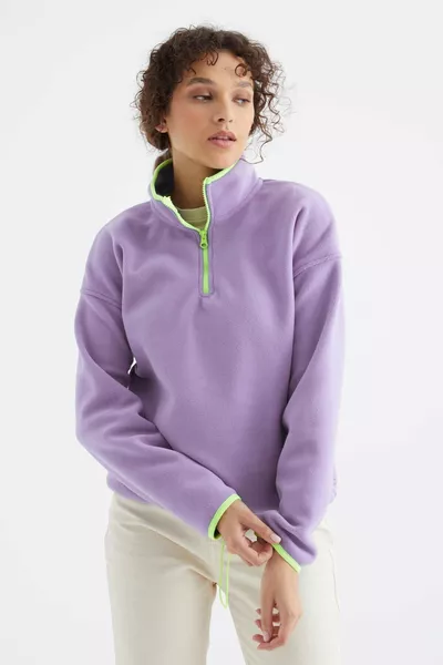 Sweat-shirt polaire femme oversize à col montant, demi-fermeture éclair, lilas clair, bord de jupe froncé - 