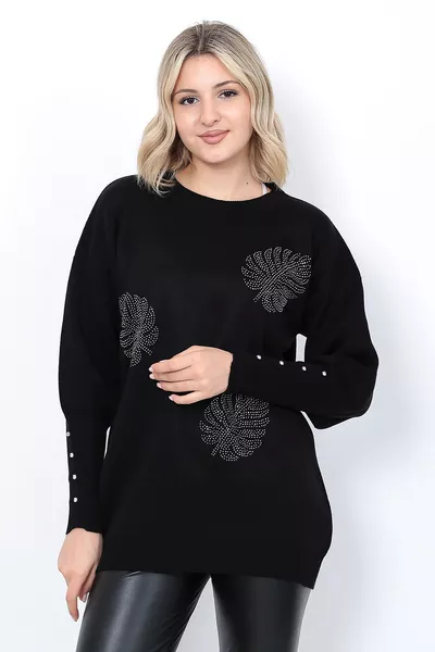 Женский вязаный свитер с круглым вырезом, узор в виде листьев, украшенный камнями, оверсайз, черный