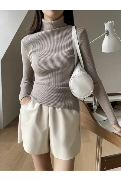 Unisex Cream Beige Cotton Ribbed Turtleneck Slim Fit Sweater with Brushed Finish