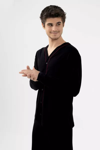 طقم بيجامة رجالي من القطن مع الإيلاستين، بأزرار وتفاصيل جيب