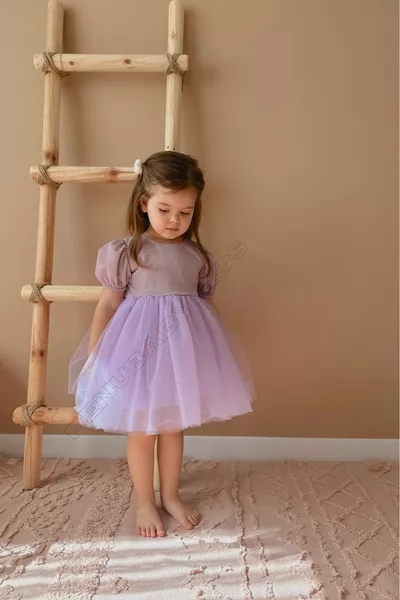 Платье для девочки с короткими рукавами из фатина с фиолетовой тканью и юбкой-пачкой