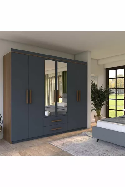  Armina Luxury 6-Door 2-Drawer Wardrobe with Mirror Walnut-Anthracite Gray Cabinet