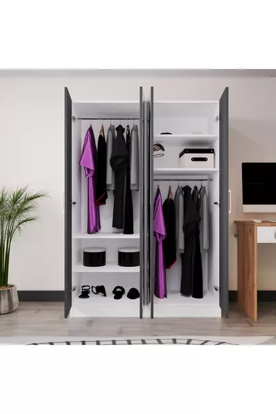 Armadio a 4 ante PIANO Camera dei ragazzi-Cameretta Wardrobe Antracite Bianco con Specchio