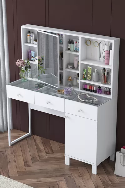 منضدة تجميل مع درج مرآة وغطاء وحاملة مجوهرات بيضاء