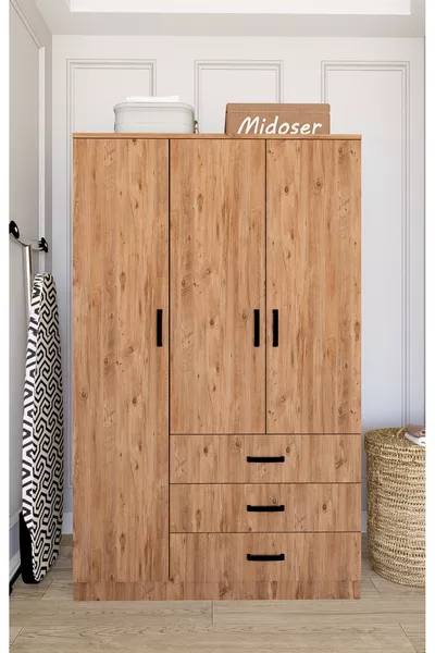 Easy Atlantik Çam 3 Kapılı 3 Çekmeceli Çok Amaçlı Elbise Dolabı
