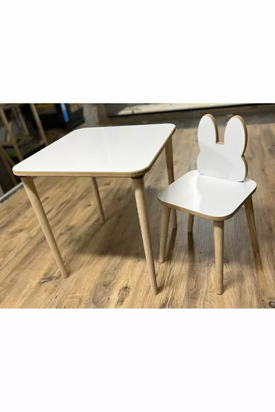 Set Tavolo e Sedie per Bambini Tavolo Attività Tavolo da Lavoro 1 Tavolo 1 Sedia Coniglio Bianco