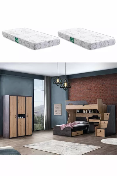 Stapelbed, Doğa Stapelbed Bed, Bureau, 3-Deurs Kast, 2 Comfort Matrassen