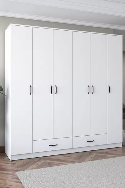 راني  خزانة ملابس واسعة، 6 أبواب، درجين،  رفًا، 2 شماعة، باللون الأبيض