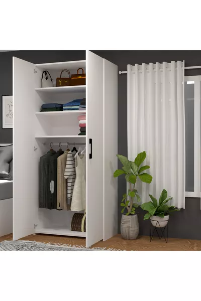 Retro-9 Askılı 3 Raflı 2 Kapaklı Gardırop Beyaz