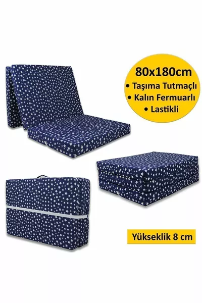 مرتبة إسفنجية قابلة للطي بوسادة سمك سم cm باللون الأزرق الداكن مع نجوم