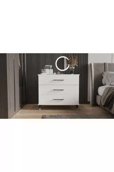 خزانة ثلاثية الأدراج مع مرآة (أبيض لامع)