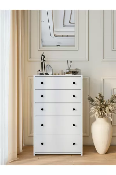 خزانة ملابس بيضاء لامعة بخمسة أدراج وحجم واسع، طاولة جانبية