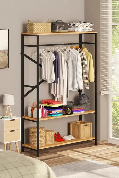 ألكور  دولاب ملابس مفتوح معدن بنقشة خشب صلب ولوح خشبي