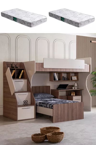 سرير بطابقين ميلانو مزدوج مع مكتب عمل مودرن + مرتبتان كومفورت