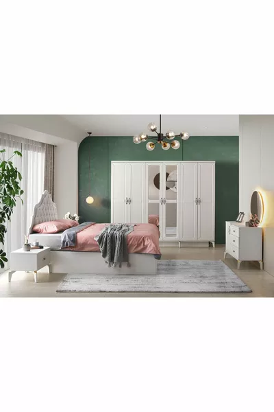 Athina Schlafzimmer Set - MDF - Muschelstein - 6 Türen und Spiegel - ohne Bettgestell mit Traverse - kostenlose Lieferung und Montage