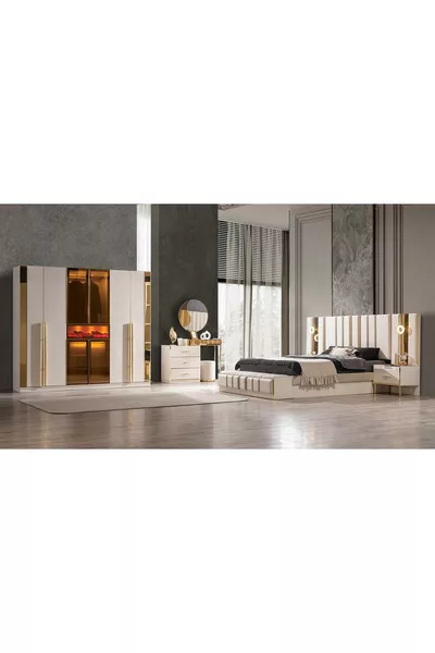 Şömineli Yatak Odası Takımı % Mdf (BAZA VE BENCH HEDİYELİ)