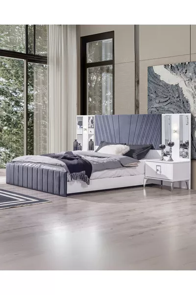 Rio Gümüş Slaapkamer Set (Kast + Ladekast + Nachtkastje + Bedframe)