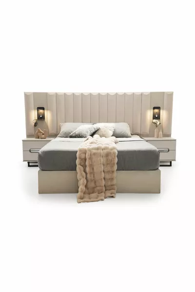 طقم غرفة نوم من MDF 6 أبواب مع رأس سرير كُمّبيجي، مزود بشاحن USB وإضاءة LED