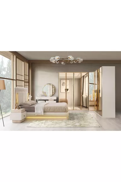 ENSEMBLE DE CHAMBRE À COUCHER AVEC LED SUR BASE MDF ANGLE PLATINE