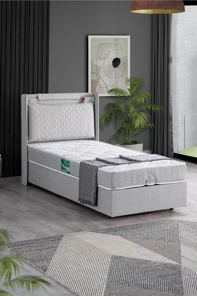 Zagreb Double Set, Single Bed Base and Headboard Set, Light Grey