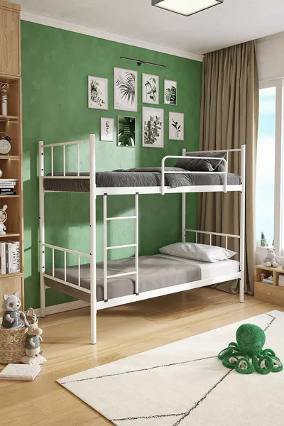 Техно Бял Метален Легло Двуетажно с Отделяеми Части, Съвместимо с Матрак