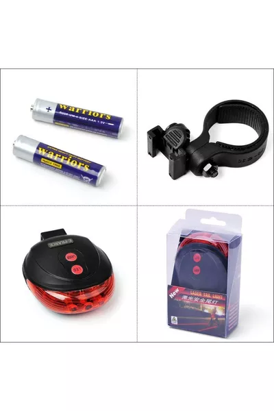 ضوء خلفي للدراجة مع شريط ليزر، LED، يعمل بالبطارية، 7 وظائف، 5 مصابيح LED