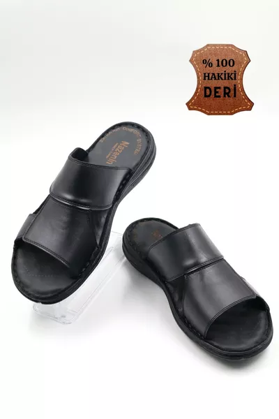 شبشب رجالي أسود من الجلد الطبيعي بنعل ناعم