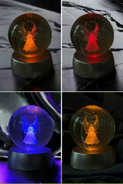 Светещ с LED променящ цвят ангел, стъклена сфера, лампа пълнолуние, кристална топка и сребърно ангелско колие
