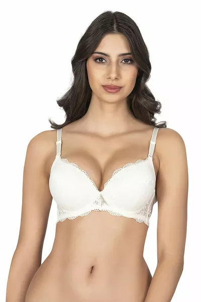 Women's Lace-Trimmed Padded Double Cup Bra Ecru -