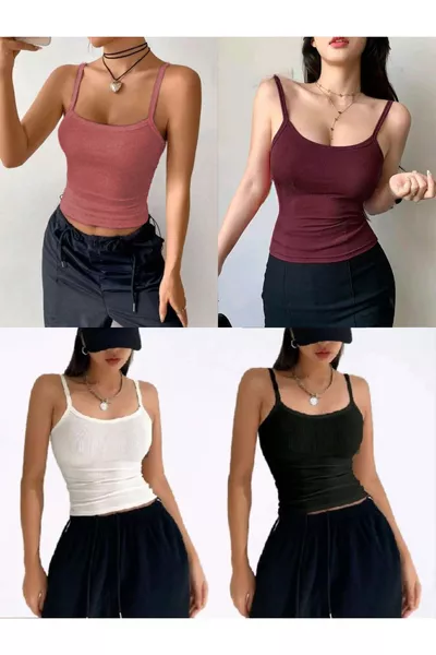 Damen 4er-Set bunte Träger-Tanktops aus Rippstrick, Damen geripptes Tanktop - Sportliches Tages-Crop-Top-Top 