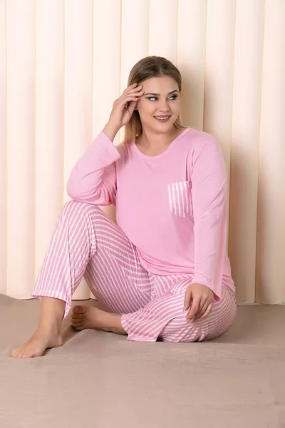 Pink Striped Long-Sleeve Plus-Size Pajama Set B-1
