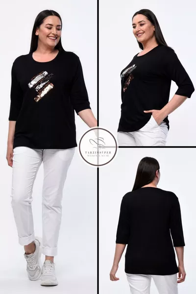 Plus Size New Season Comfortable Model Half-Sleeve Sequin Embroidered Blouse for Moms, Suitable for All Seasons