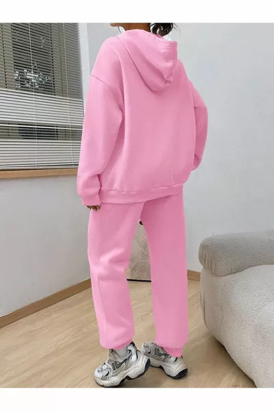 طقم رياضي هابينيس سويت شيرت وجوجرز - وردي بطبعة، واسع مع كابيشينو مبطن