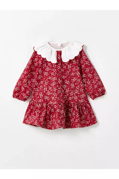 فستان أطفال للجنس الأنثوي من LCW Kids بأكمام طويلة وياقة بيبي وطبعة زهور باللون البوردو