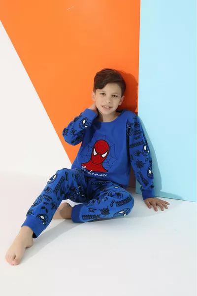 Men's, Boys' and Children's Blue Spider Pattern Long-Sleeve Fleece Winter Warm Pajama Set