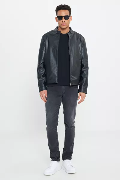 Heren Zwarte Leren Jas Met Rits, Standaard Pasvorm, Normale Snit, Rechte Kraag