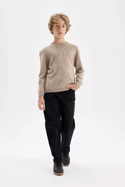 Boys Beige Crew Neck Basic Plain Knit Sweater wn