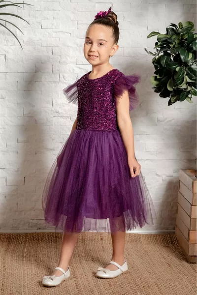 فستان بنات من التُل KPL  لون بنفسجي غامق