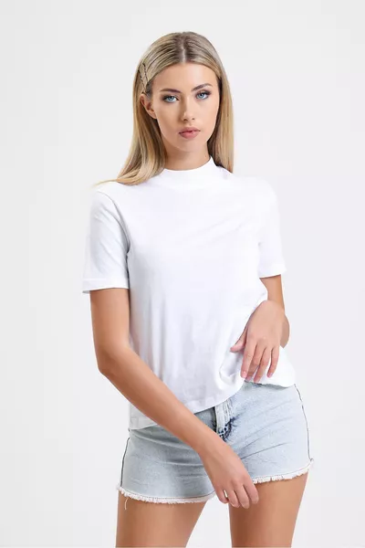 المرأة الأبيض الوقوف الضلع طوق قصيرة الأكمام الأساسية تي شيرت