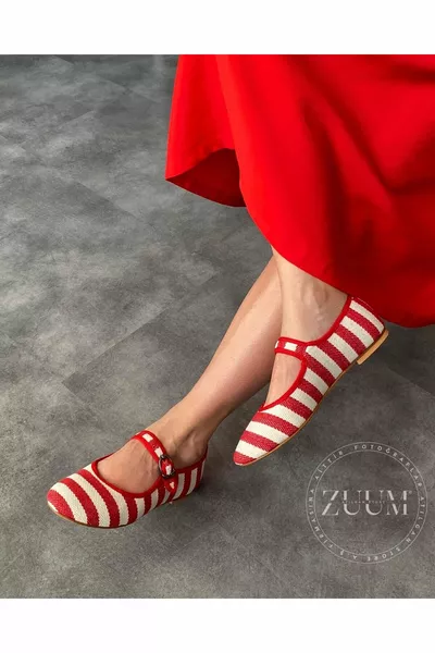 Дамски балетни обувки Beys Mary Jane - Червено & Телесен цвят