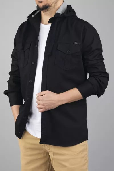 قميص جينز رجالي ضيق بقبعة أسود