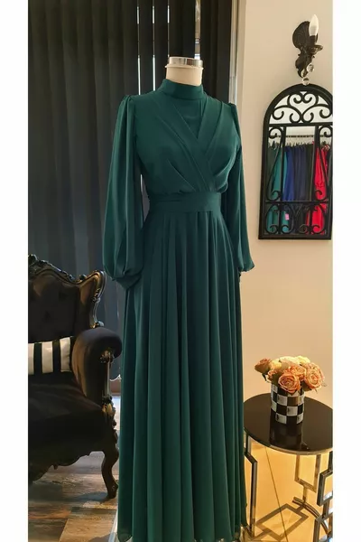 Grüner Chiffon, Zweireihiger Ausschnitt, Ausgestellter Schnitt, Hijab-Abendkleid