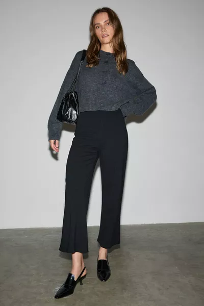 Freda Women's Thick Interlock Sturdy and Stretchy Fabric Flared Leg Front Ribbed Elastic Waist Black Pants