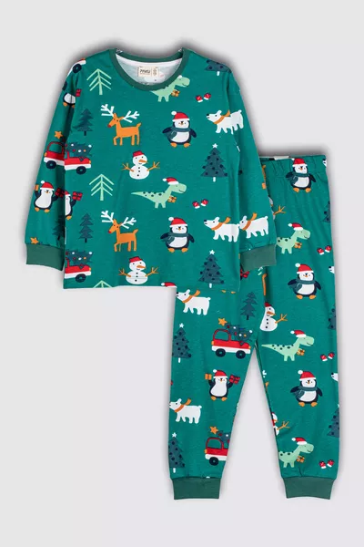 Cute Snowman-Penguin Pattern % Cotton Unisex Kids Pajama Set