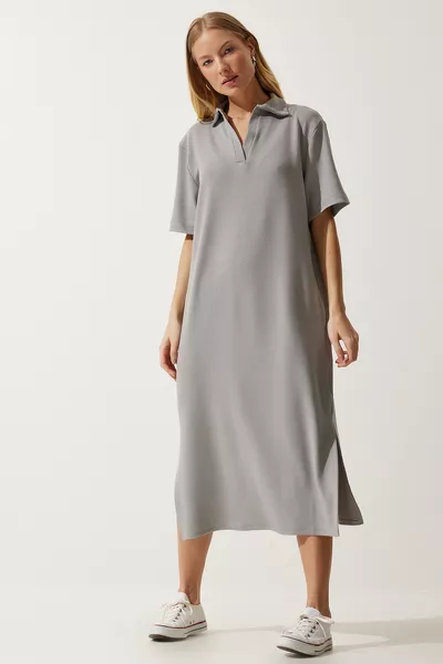 فستان نسائي محبوك برقبة بولو رمادي 