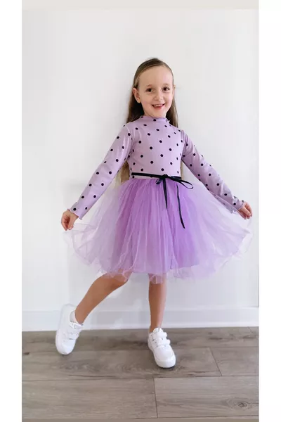 Linda Long Sleeve Baby Girl Children's Princess Puffy Tutu Dress Polka Dot Stretchy Lycra Lilac Kuromi Purple